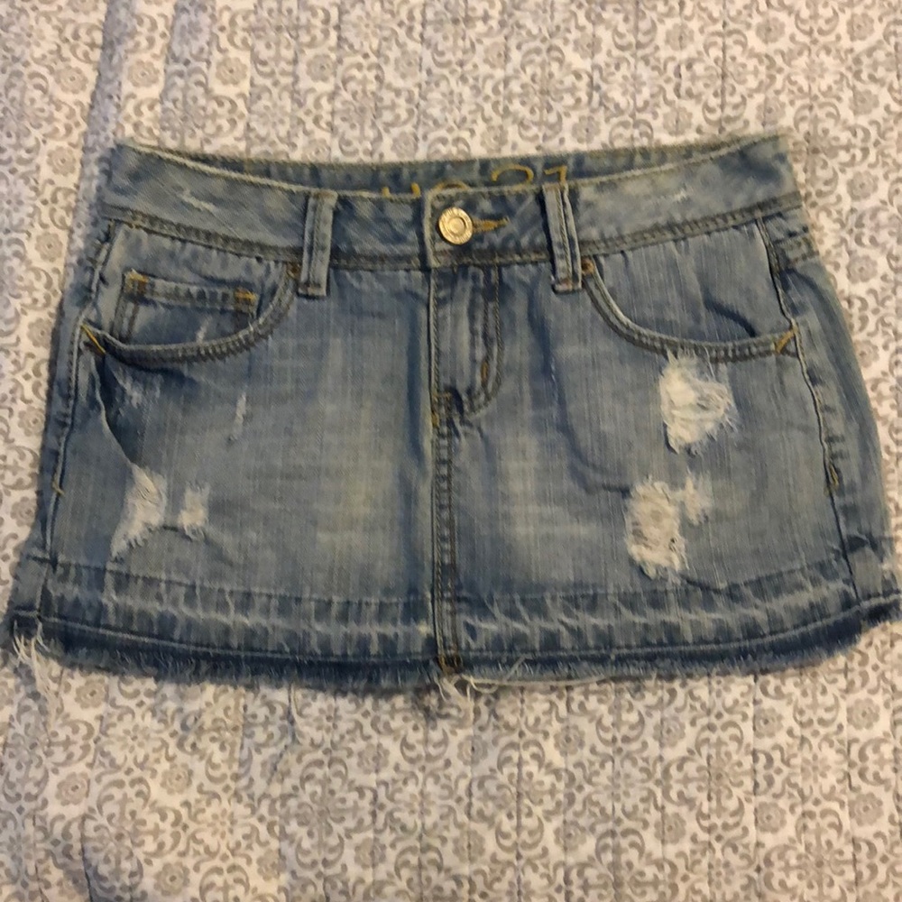 Distressed jean skirt
